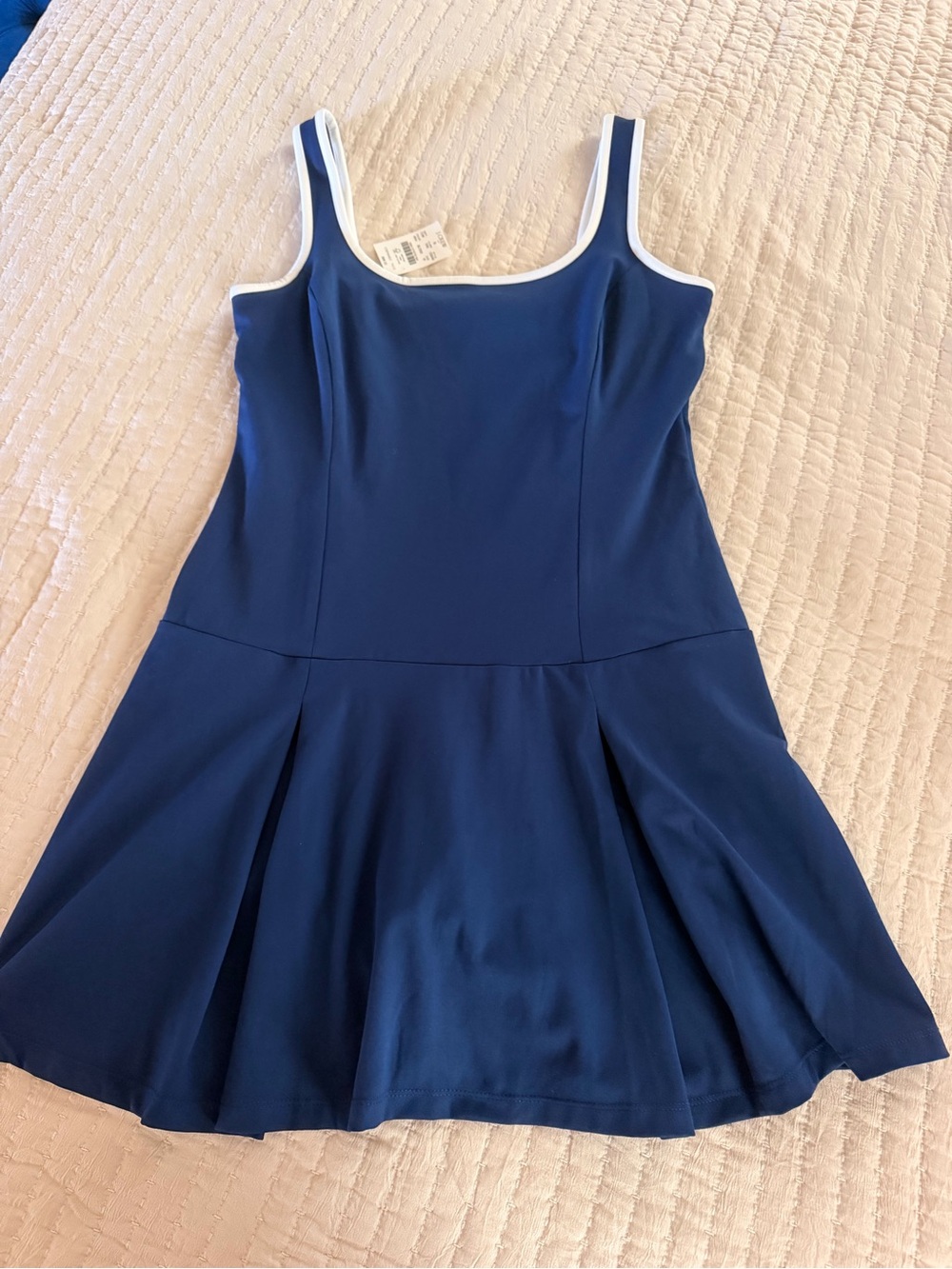 J Crew pleaded scoop neck tennis/golf/pickleball dress M NWT Navy w/ white trim